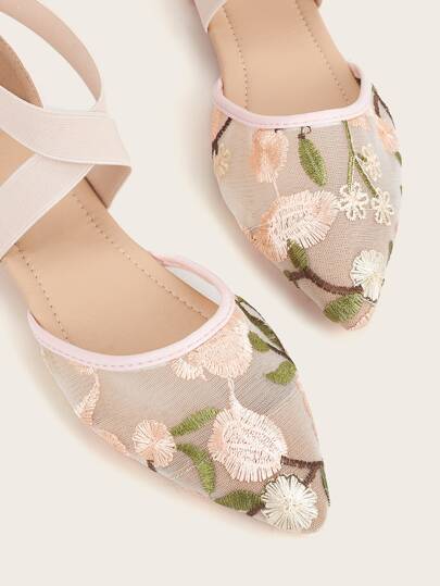 Fall/Winter Women Floral Embroidery Mesh Flats, Fashionable Point Toe Ankle Strap Ballet Flats Valentines