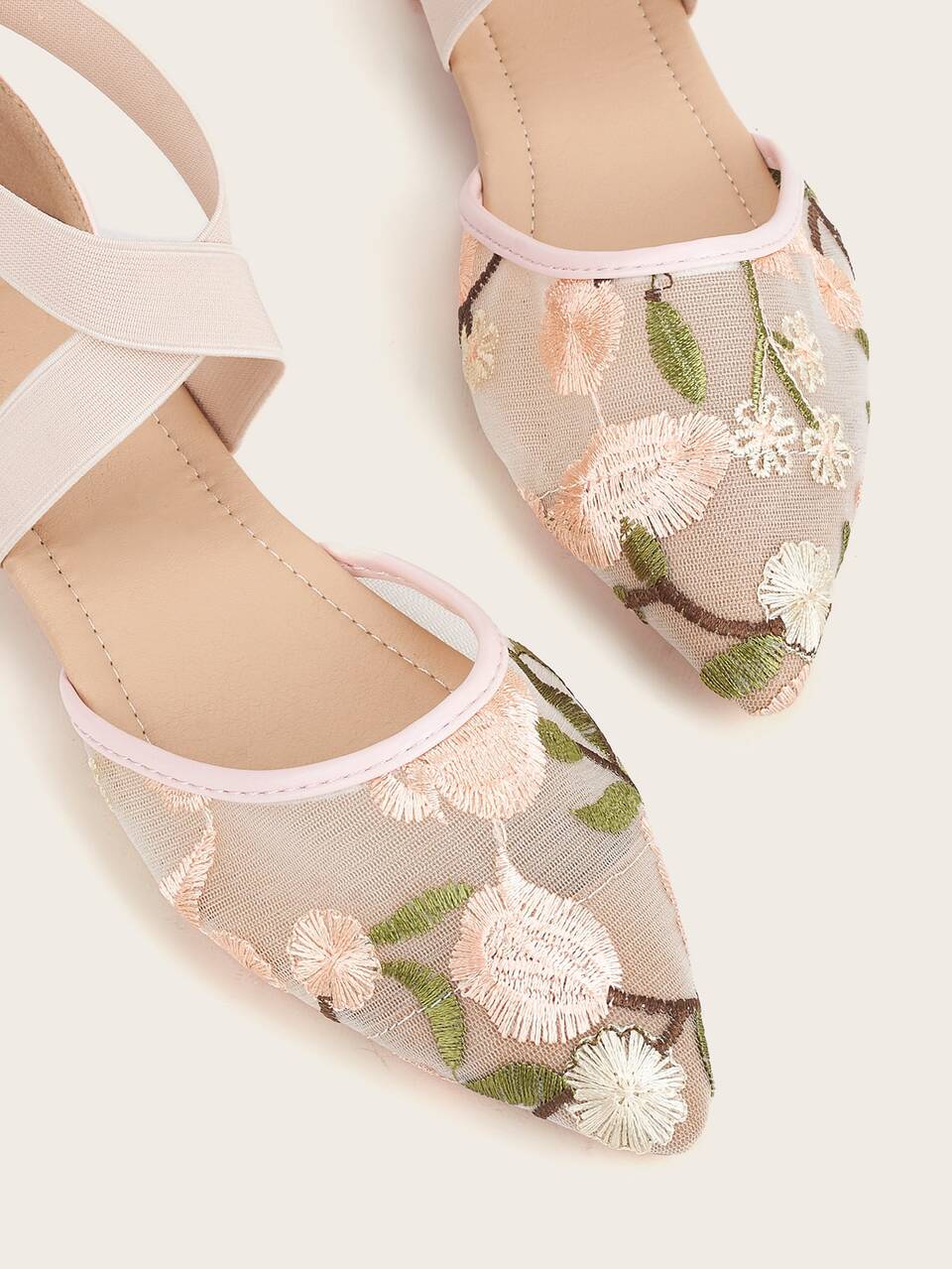 Fall/Winter Women Floral Embroidery Mesh Flats, Fashionable Point Toe Ankle Strap Ballet Flats Valentines