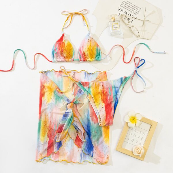 

3pack Brush Print Triangle Bikini Swimsuit & Beach Skirt, Multicolor