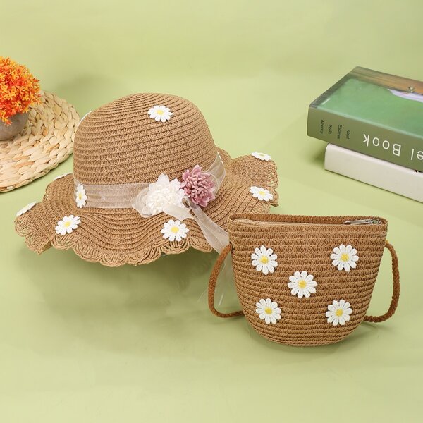 

Girls Floral Decor Straw Bag With Straw Hat, Coffee brown