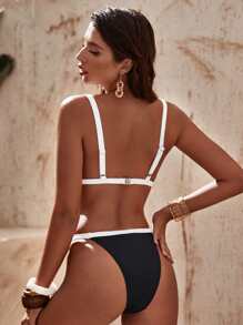 Conjunto de bikini triangular con pliegues y ribete contrastante - Negro - Ver 2