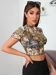 SHEIN Privé Lettuce Edge Floral Mesh Top Without Bra - Multicolor - View 4