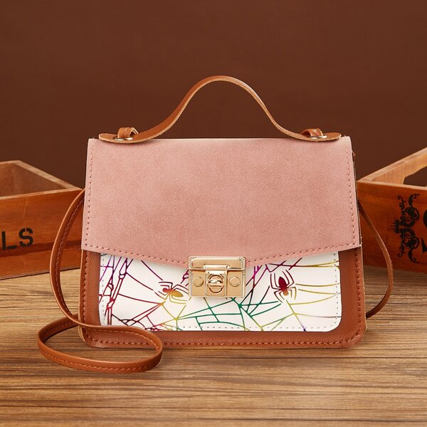 

Twist Lock Graphic Flap Satchel Bag, Brown