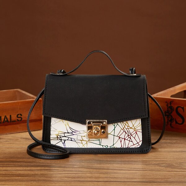 

Twist Lock Graphic Flap Satchel Bag, Black