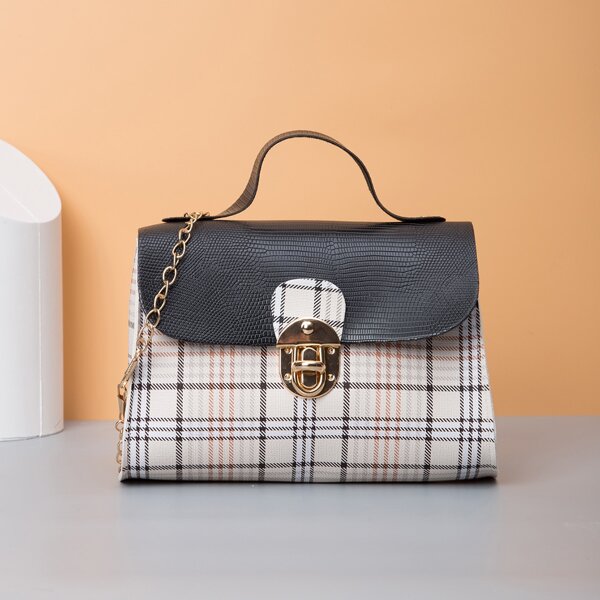 

Plaid Pattern Twist Lock Chain Bag, Multicolor