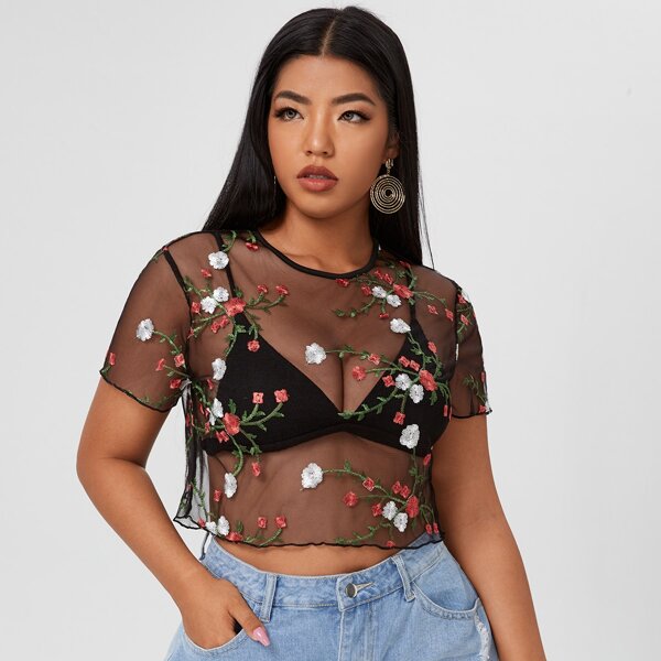 

Plus Floral Embroidery Mesh Sheer Top Without Bra, Black