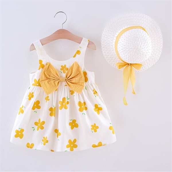 

Toddler Girls Floral Bow Front Cami Dress With Hat, Multicolor