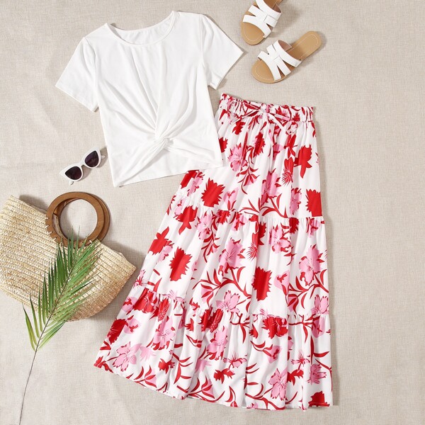 

Twist Hem Solid Tee & Floral Print Skirt, Multicolor