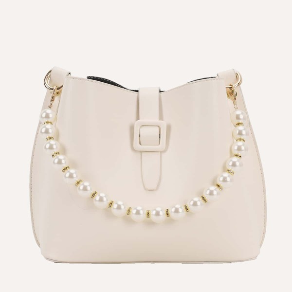 

Faux Pearl Handle Bucket Bag, White