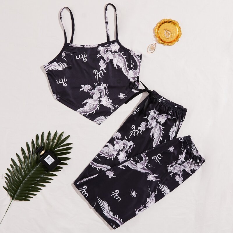 

Chinese Dragon Print Pajama Set, Black