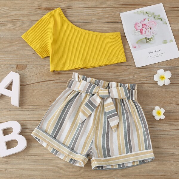 

Toddler Girls One Shoulder Top & Belted Striped Shorts, Multicolor