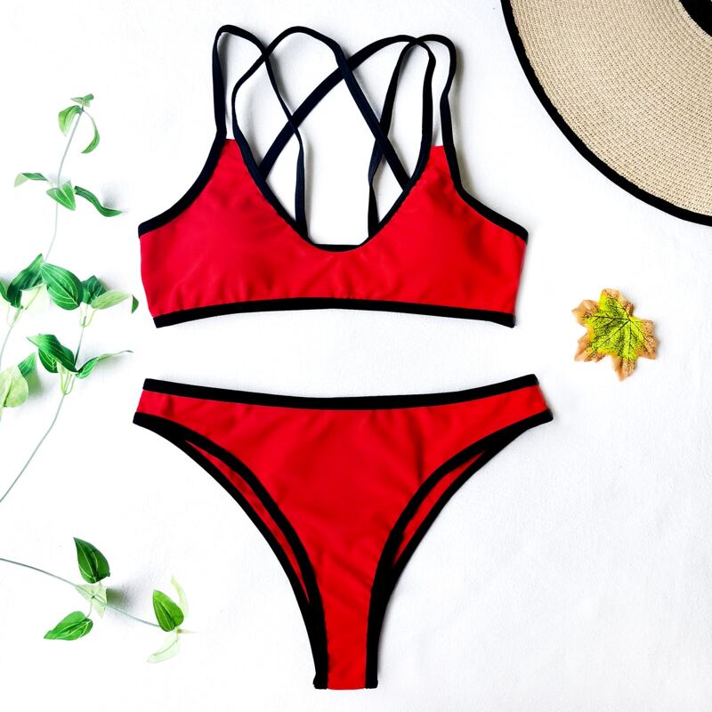 

Contrast Binding Crisscross Bikini Swimsuit, Red