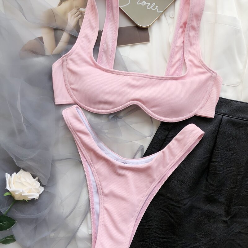 

Rib Underwire High Cut Bikini Swimsuit, Pink