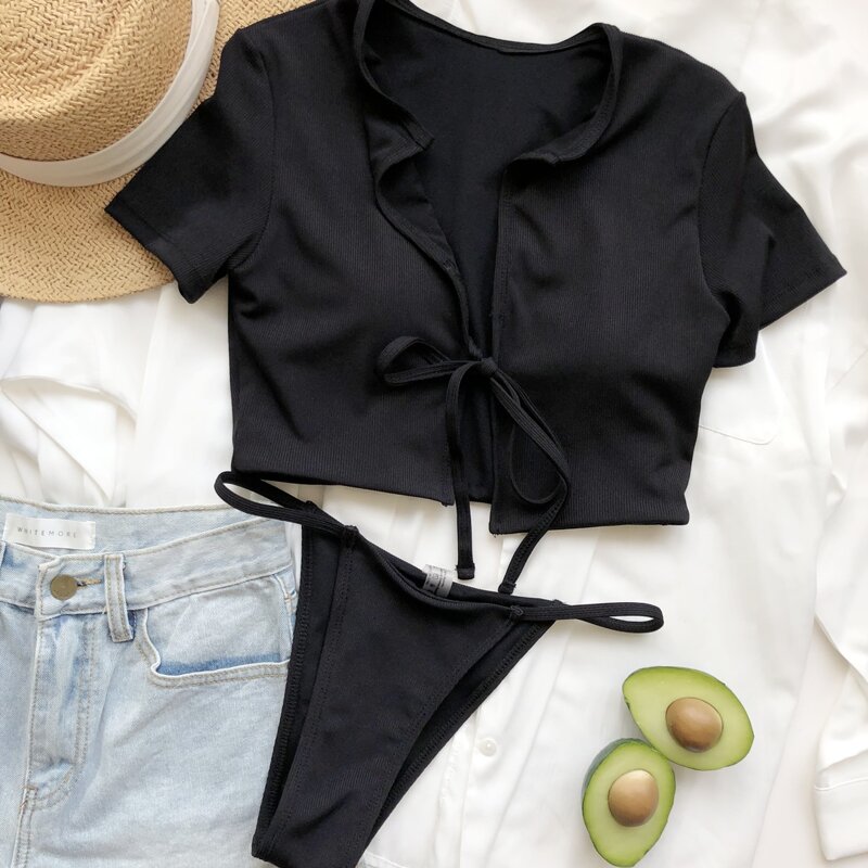 

Rib Tie Front Thong Bikini Swimsuit, Black