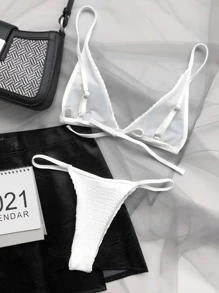 Conjunto de bikini de tanga triangular de microtextura, para vacaciones de verano en la playa - Blanco - Ver 2