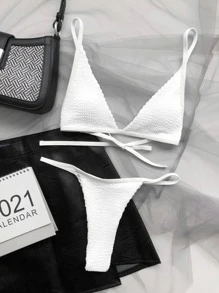 Conjunto de bikini de tanga triangular de microtextura, para vacaciones de verano en la playa - Blanco - Ver 4