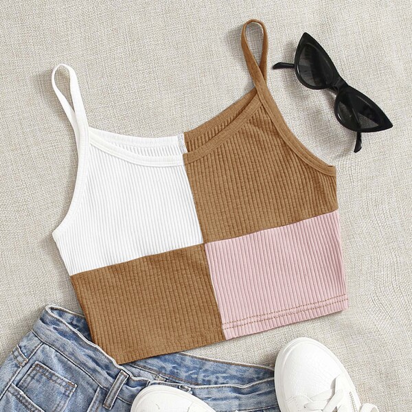 

Rib Knit Color Block Crop Cami Top, Multicolor