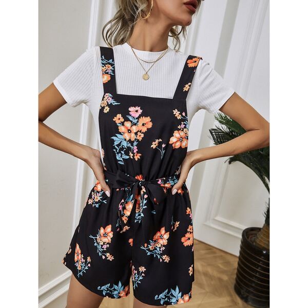 

Floral Print Belted Overall Romper, Black