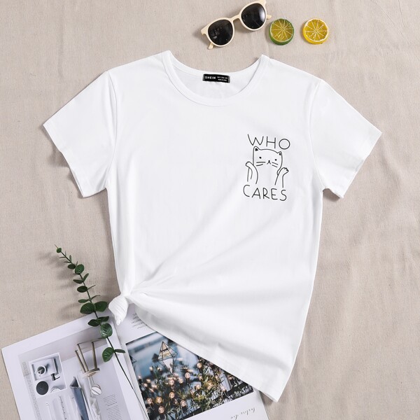 

Plus Cartoon Cat & Slogan Graphic Tee, White