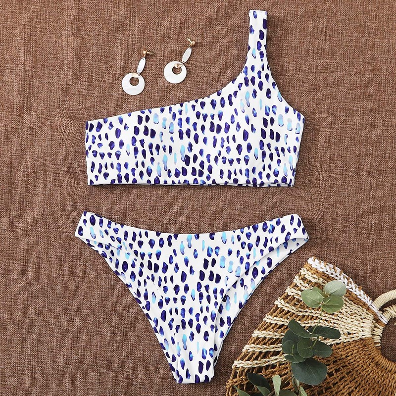 

Allover Graphic One Shoulder Bikini Swimsuit, Blue and white