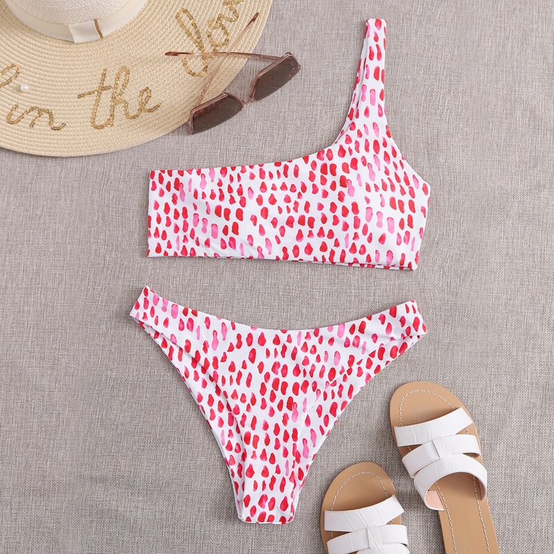 

Allover Graphic One Shoulder Bikini Swimsuit, Red and white