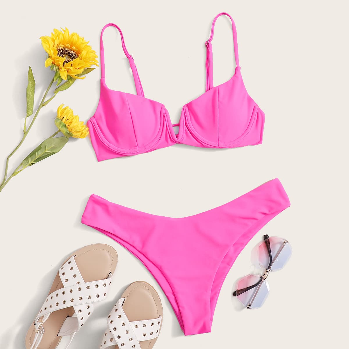 

V Wired Underwire Bikini Swimsuit, Hot pink