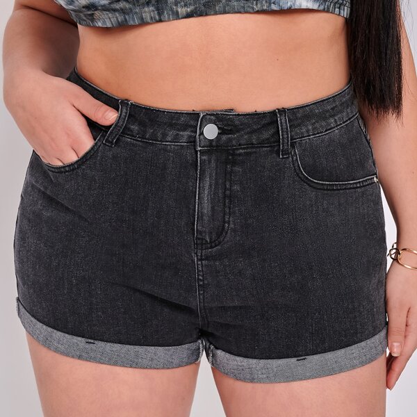 

Plus High Waist Roll Hem Denim Shorts, Black