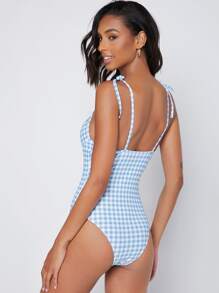 SHEIN Gingham Tie Shoulder Push Up One Piece Swimsuit - Blue and White - View 2