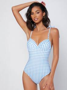 SHEIN Gingham Tie Shoulder Push Up One Piece Swimsuit - Blue and White - View 4