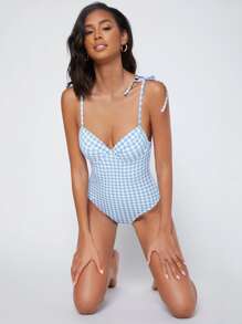 SHEIN Gingham Tie Shoulder Push Up One Piece Swimsuit - Blue and White - View 5
