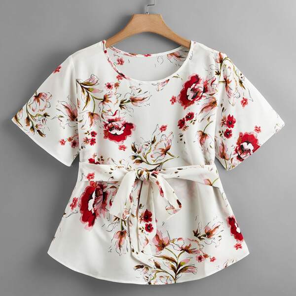 

Plus Floral Print Belted Blouse, White