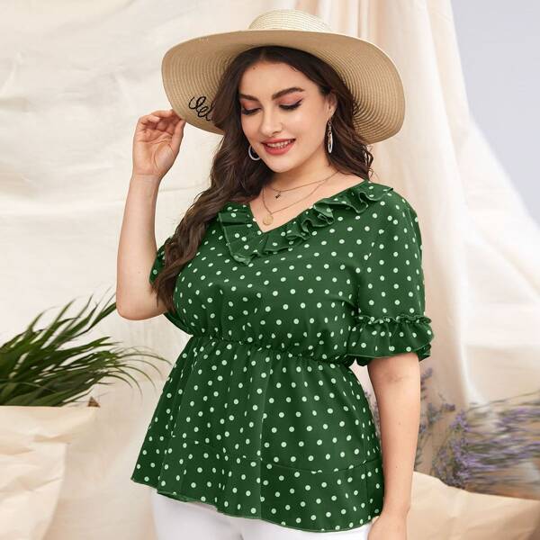 

Plus Polka Dot Ruffle Trim Peplum Blouse, Green