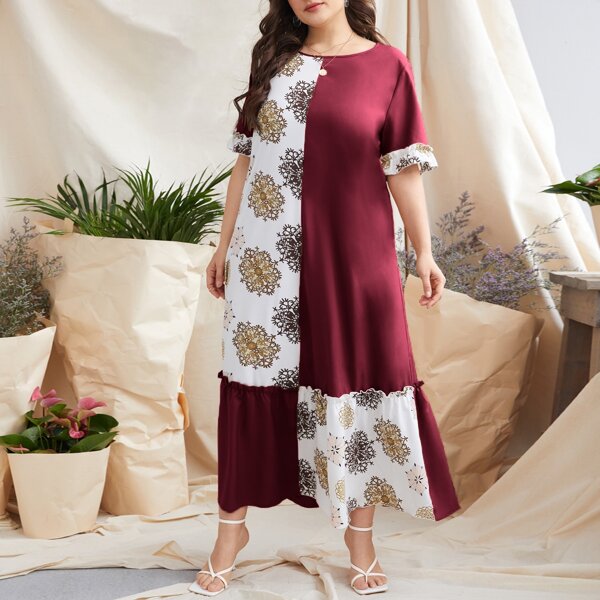 

Plus Floral Print Flounce Sleeve Smock Dress, Red and white