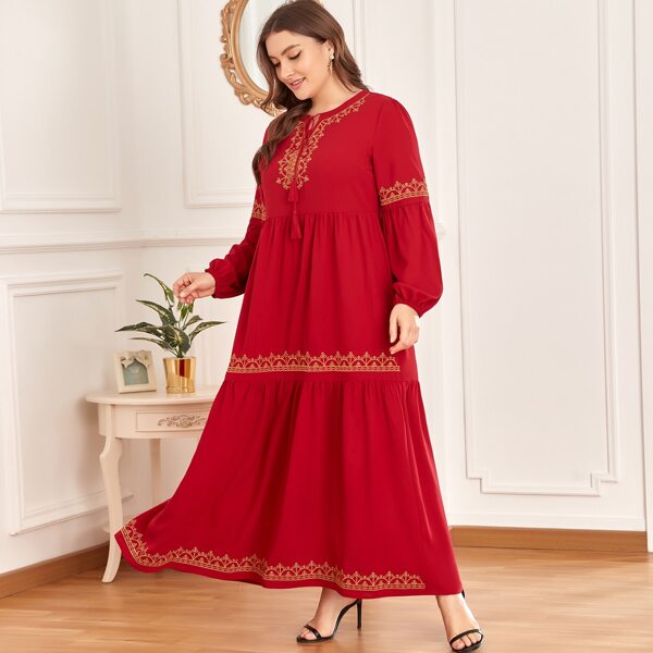 

Plus Embroidered Tie Neck Babydoll Dress, Burgundy