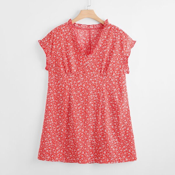 

Plus Ditsy Floral Print V-neck Ruffle Trim Tunic Dress, Red
