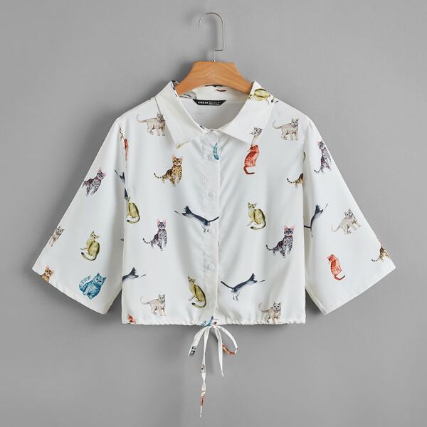 

Knot Hem Animal Print Blouse, White