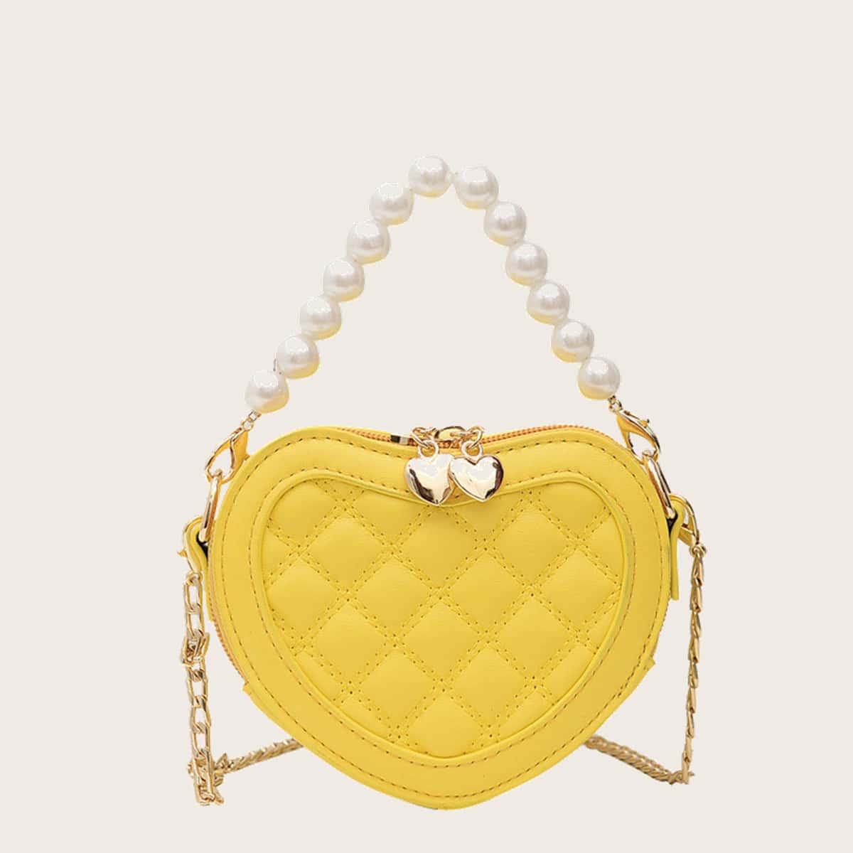 

Faux Pearl Handle Heart Satchel Bag, Yellow