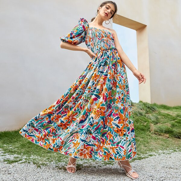 

One Shoulder Shirred Floral Print Dress, Multicolor