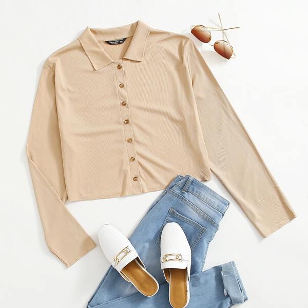 

Plus Solid Button Up Top, Apricot