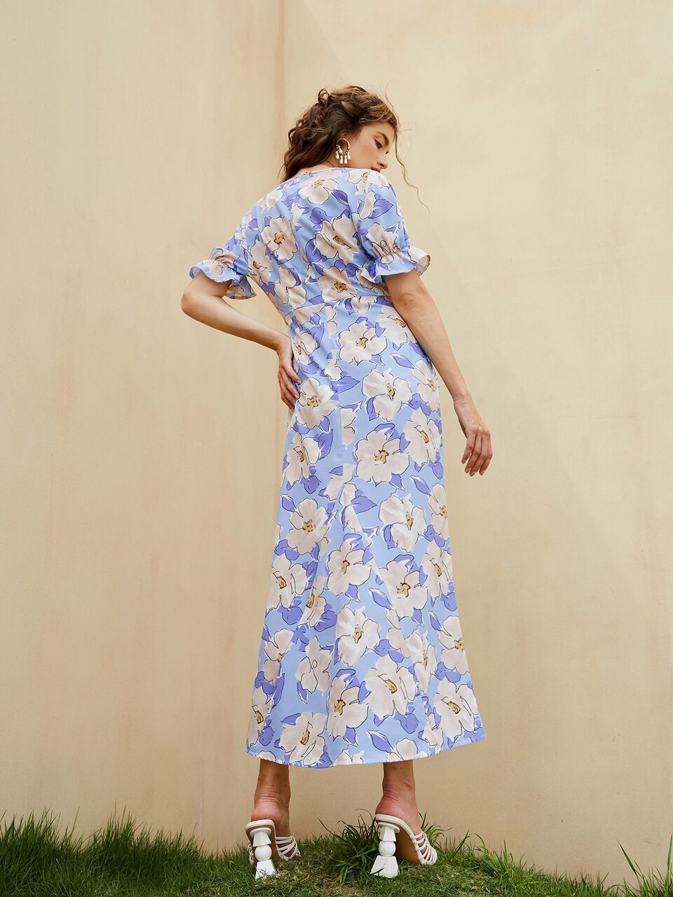 Floral V-neck Flounce Sleeve A-line Dress