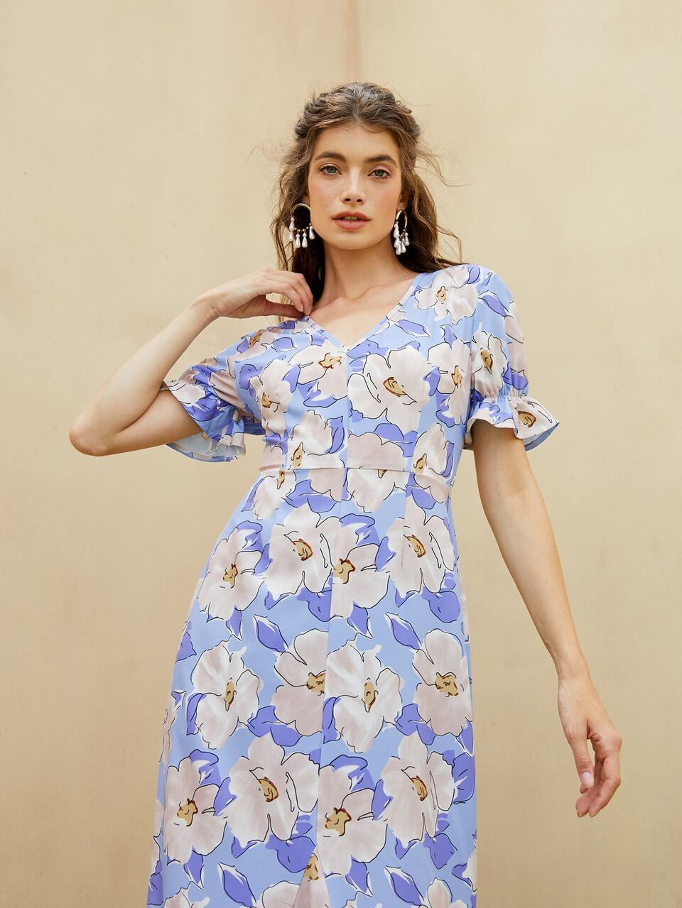 Floral V-neck Flounce Sleeve A-line Dress