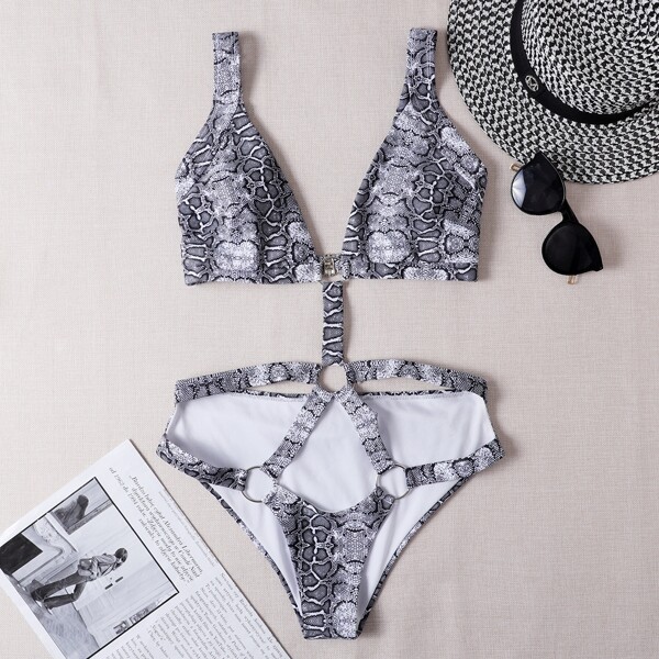 

Snakeskin Cut-out Ring Linked One Piece Swimsuit, Multicolor