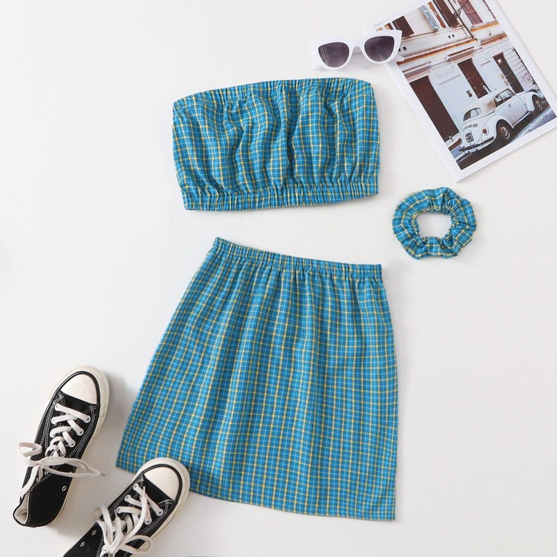 

Tartan Tube Top & Skirt Set, Multicolor