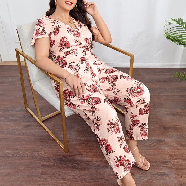 

Plus Floral Print Surplice Front Jumpsuit, Coral pink