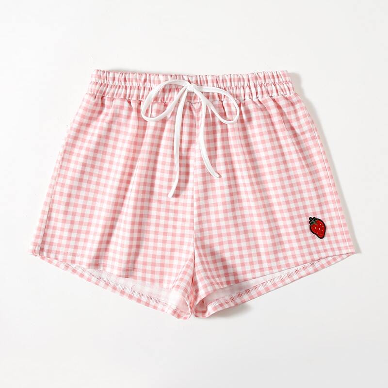 

Gingham Strawberry Embroidery Tie Front Shorts, Pink