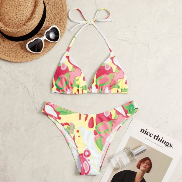 

Allover Graphic Triangle Bikini Swimsuit, Multicolor