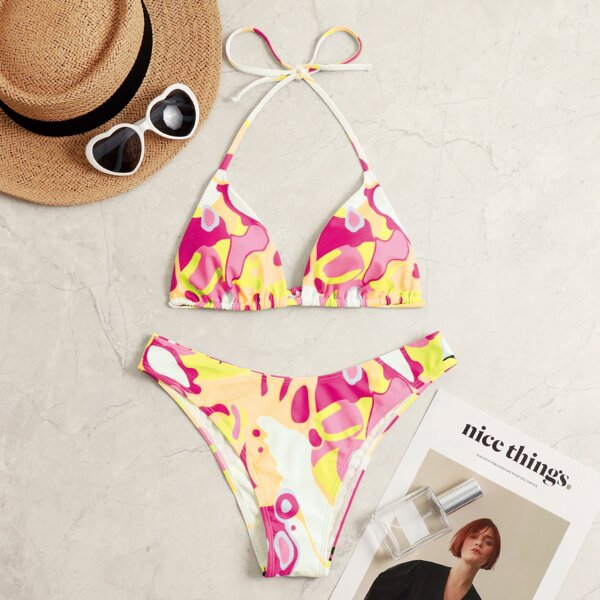 

Allover Graphic Triangle Bikini Swimsuit, Multicolor