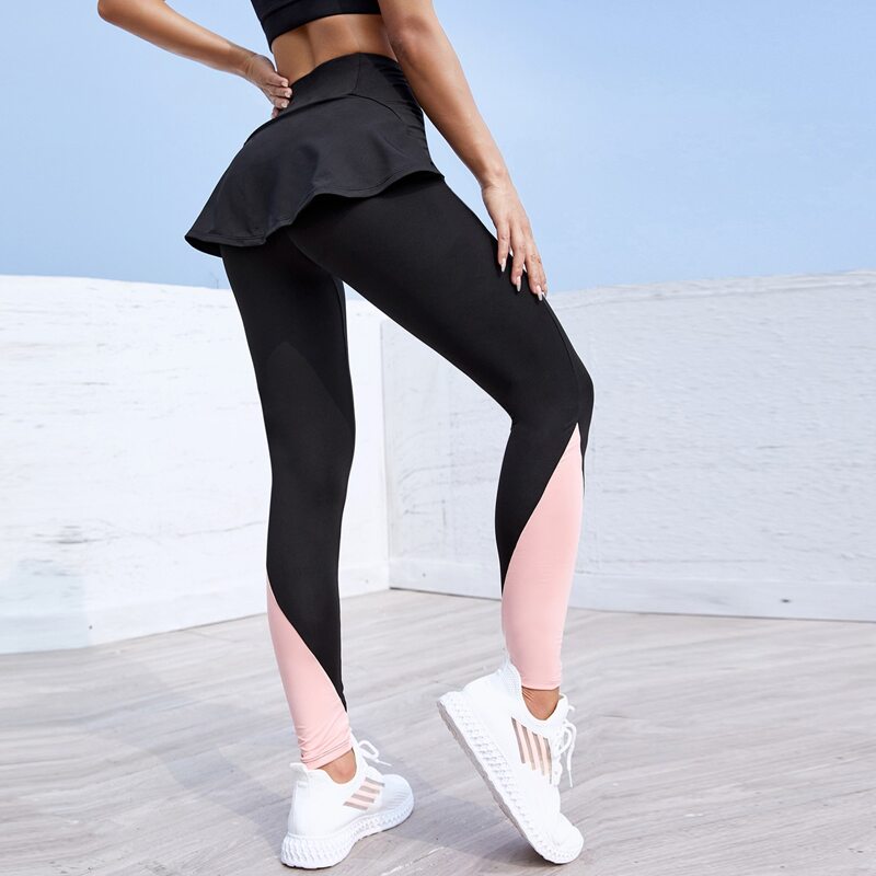 

Contrast Panel Ruffle Sports Leggings, Black