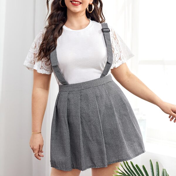 

Plus Contrast Lace Tee With Gingham Suspender Skirt, Black and white
