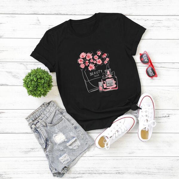 

Plus Floral & Letter Graphic Tee, Black